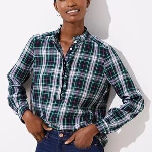 LOFT | Plaid Ruffle Utility Henley Green Blouse Size Large